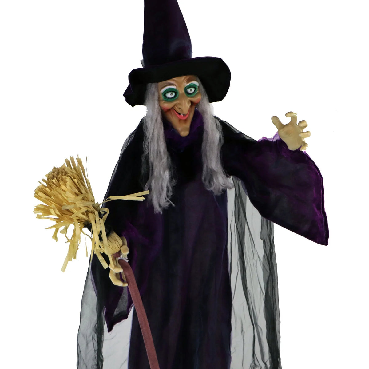 Life-Size Animated Talking Witch W/ Broomstick, 6 Ft Halloween Decoration
