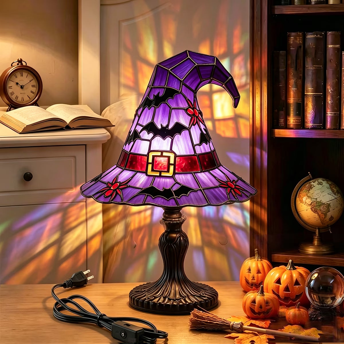 Clearance Witch Hat Lamp Halloween Decorations under 20 Gifts Stained Glass like Gothic Lamp Gothic Home Decor Accent Bedroom Bookshelf Mystical Gifts Glow Dark Figurine Ambiance