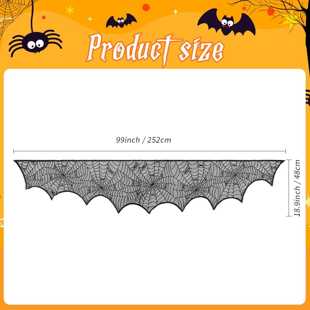 Halloween Fireplace Decoration Mantel Decoration, Cobweb Fireplace Scarf Black Lace Spiderweb Fireplace Mantel Cover for Halloween Party Supplies, Halloween Decorations Indoor Halloween Decor