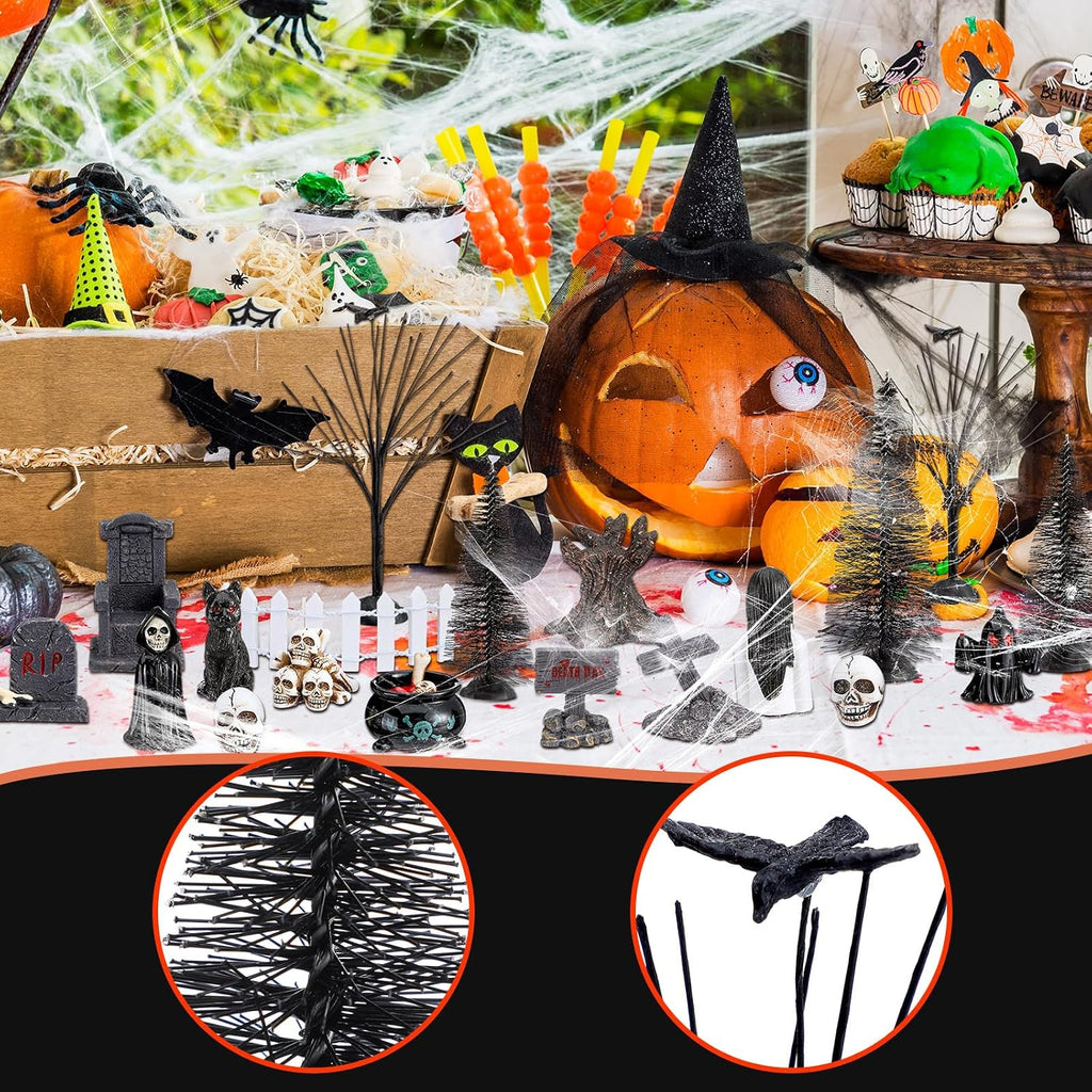 32 Pcs Halloween Village Miniature Town Accessories Set Halloween Figurines Spooky Bare Branches Tombstones Skeleton Skulls Resin Horror Village Collections for Party Town Decorations