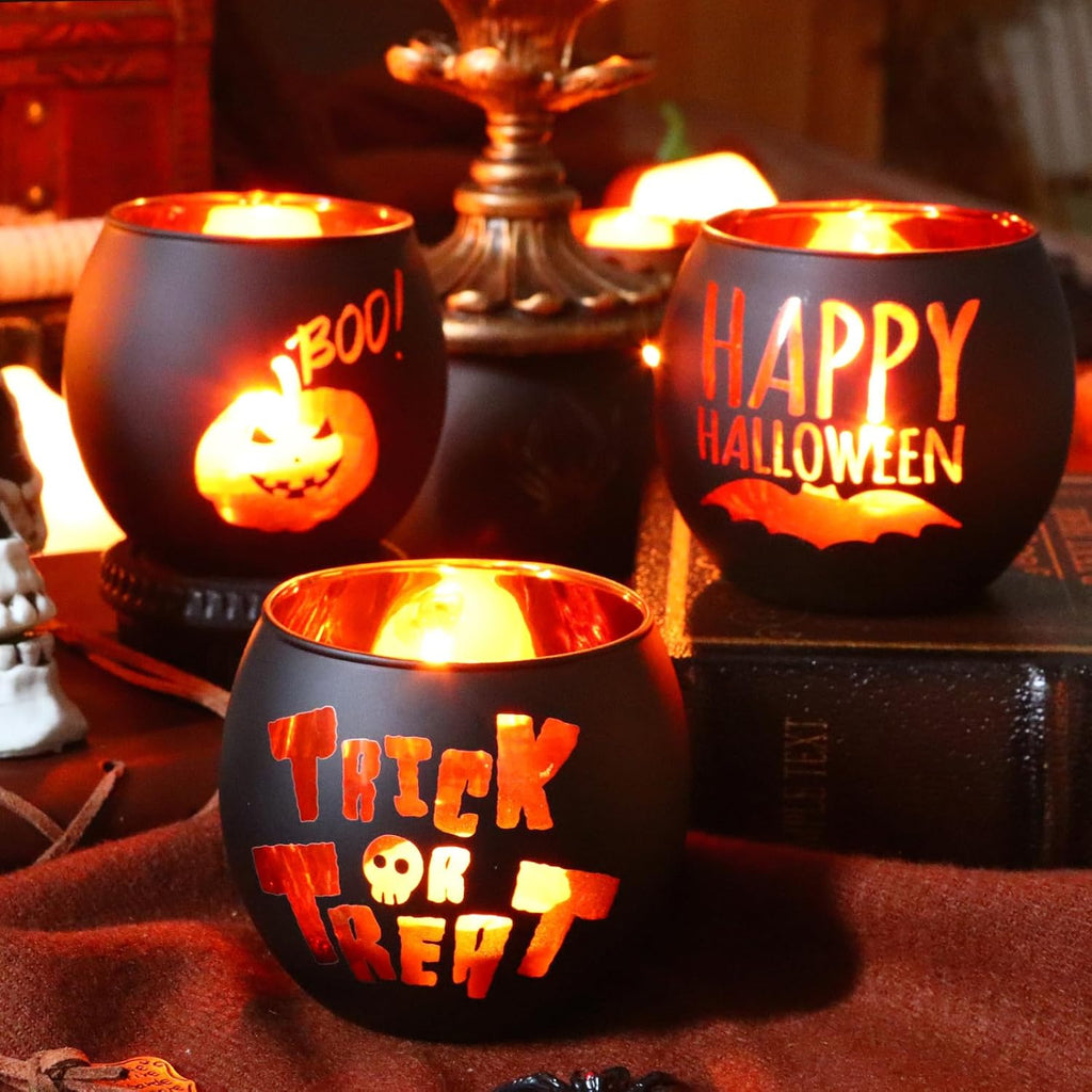 Halloween Candle Holders 6 Pieces Black Glass Votive Candle Holder for Halloween Wedding, Party, Table Centerpiece Décor Halloween Decorations Indoor and Outdoor