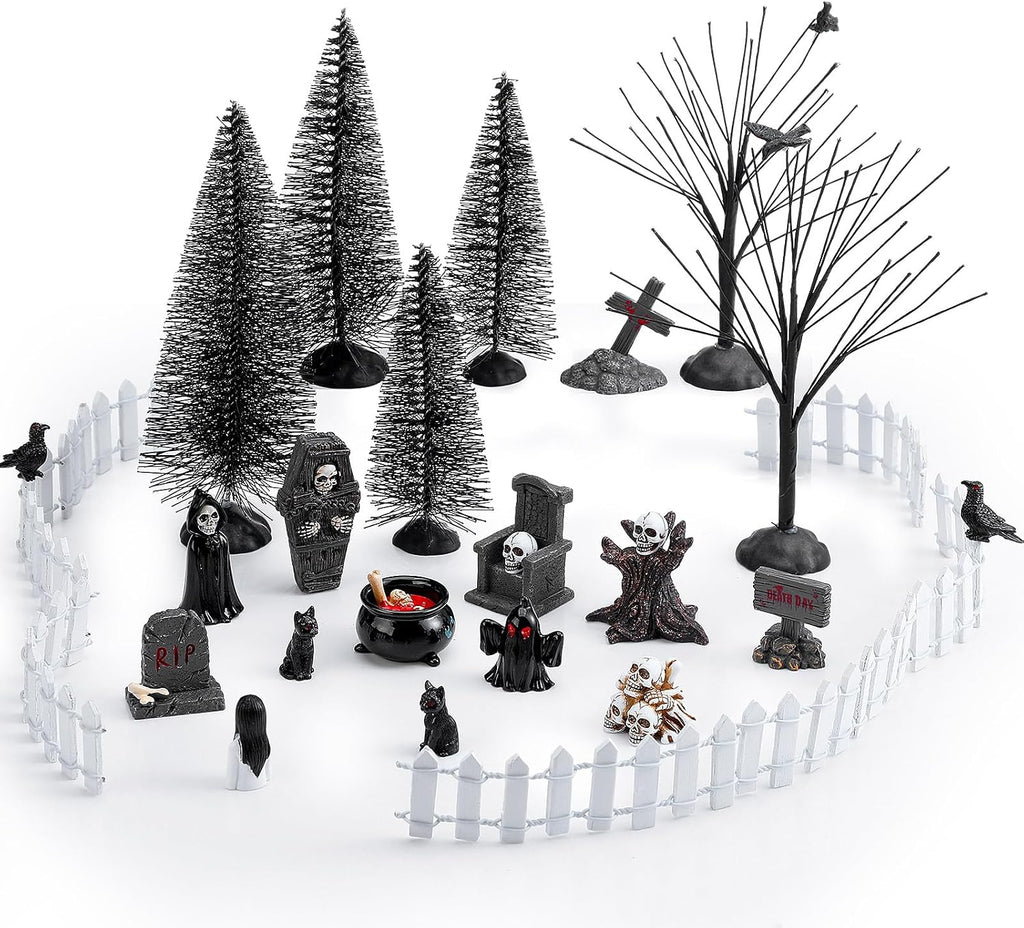 32 Pcs Halloween Village Miniature Town Accessories Set Halloween Figurines Spooky Bare Branches Tombstones Skeleton Skulls Resin Horror Village Collections for Party Town Decorations