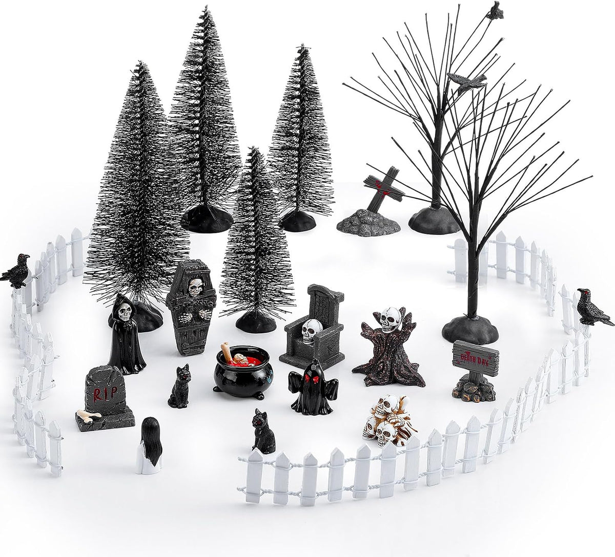 32 Pcs Halloween Village Miniature Town Accessories Set Halloween Figurines Spooky Bare Branches Tombstones Skeleton Skulls Resin Horror Village Collections for Party Town Decorations