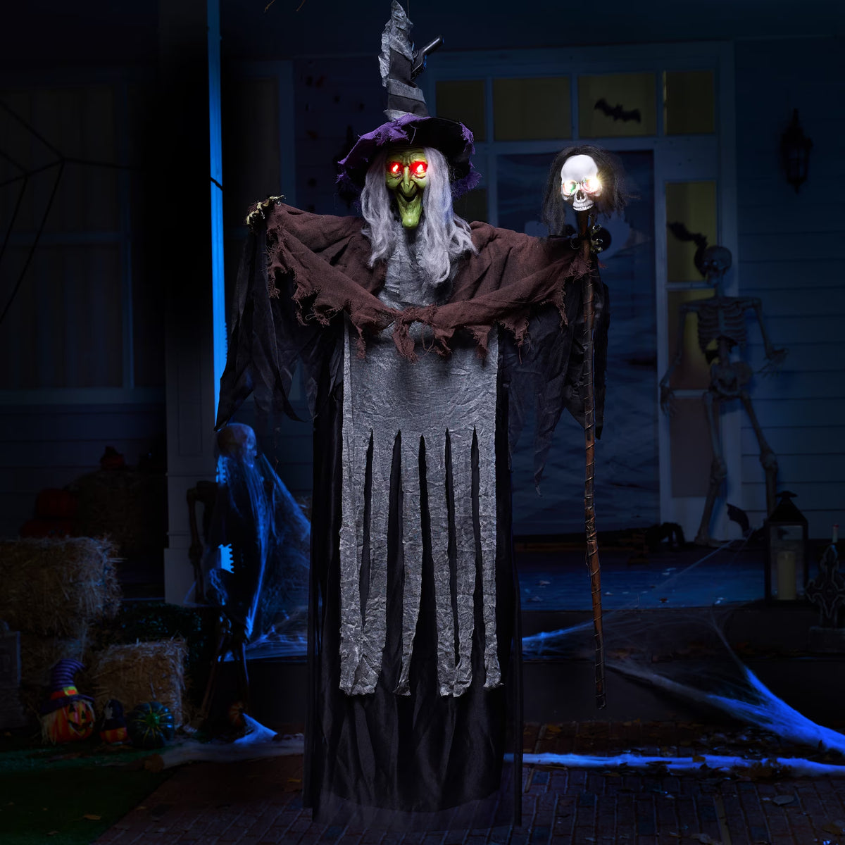 Syncfun 59 Inch Animated Halloween Witch Decoration,Outdoor Light up Talking Witch Halloween Hanging Witch with Skeleton Wand Decoration for Halloween Outdoor Decor