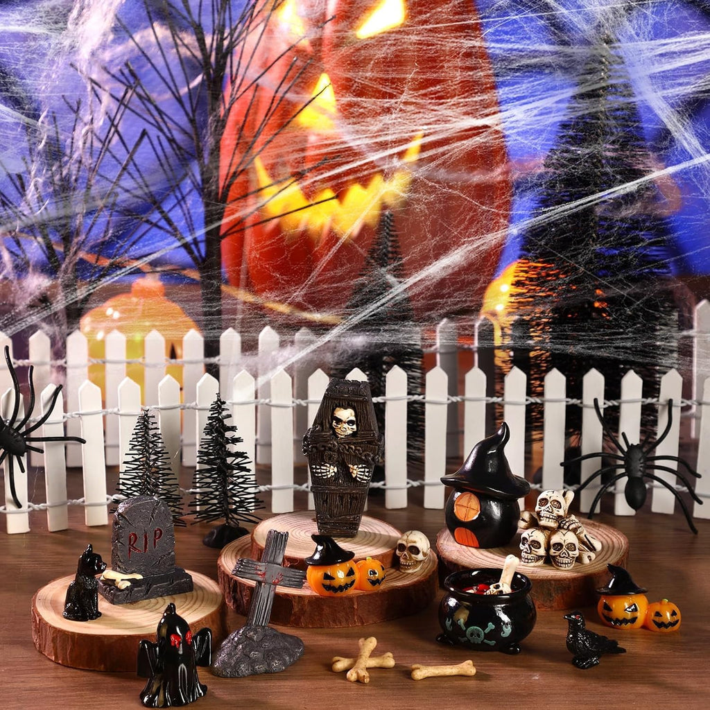 30 Pcs Halloween Village Ornaments Accessories Set, Halloween Haunted Houses Black Trees Mini Pumpkins Black Cat Crows Coffin Fake Bones Skeletons for Town Party Table Decorations