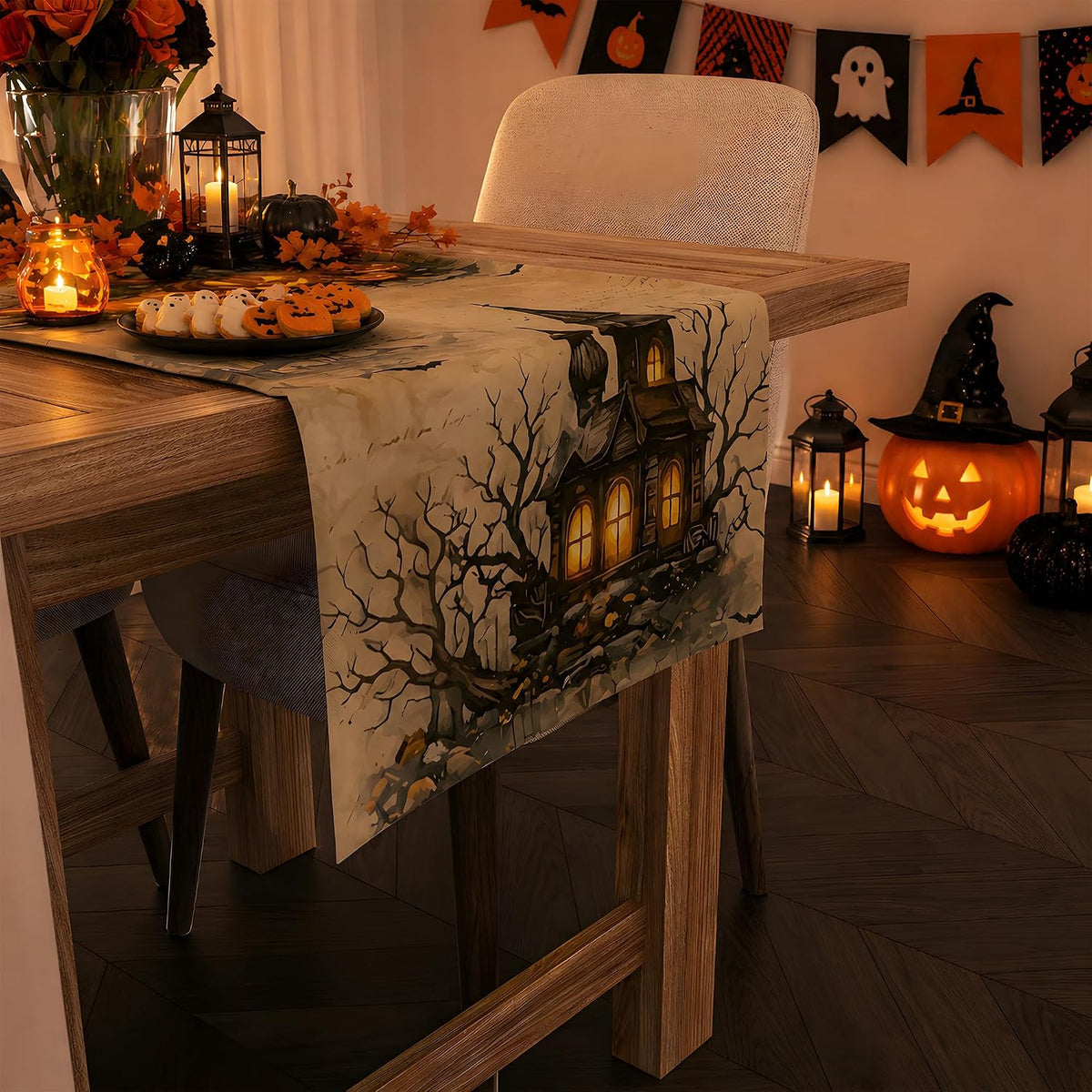 Halloween Decorations - Pumpkin Castle Table Runner | Halloween Party Favors Home Decor - Halloween Tablecloth Backdrop for Indoor Outdoor Kitchen Dining Decorations Party Favors Supplies