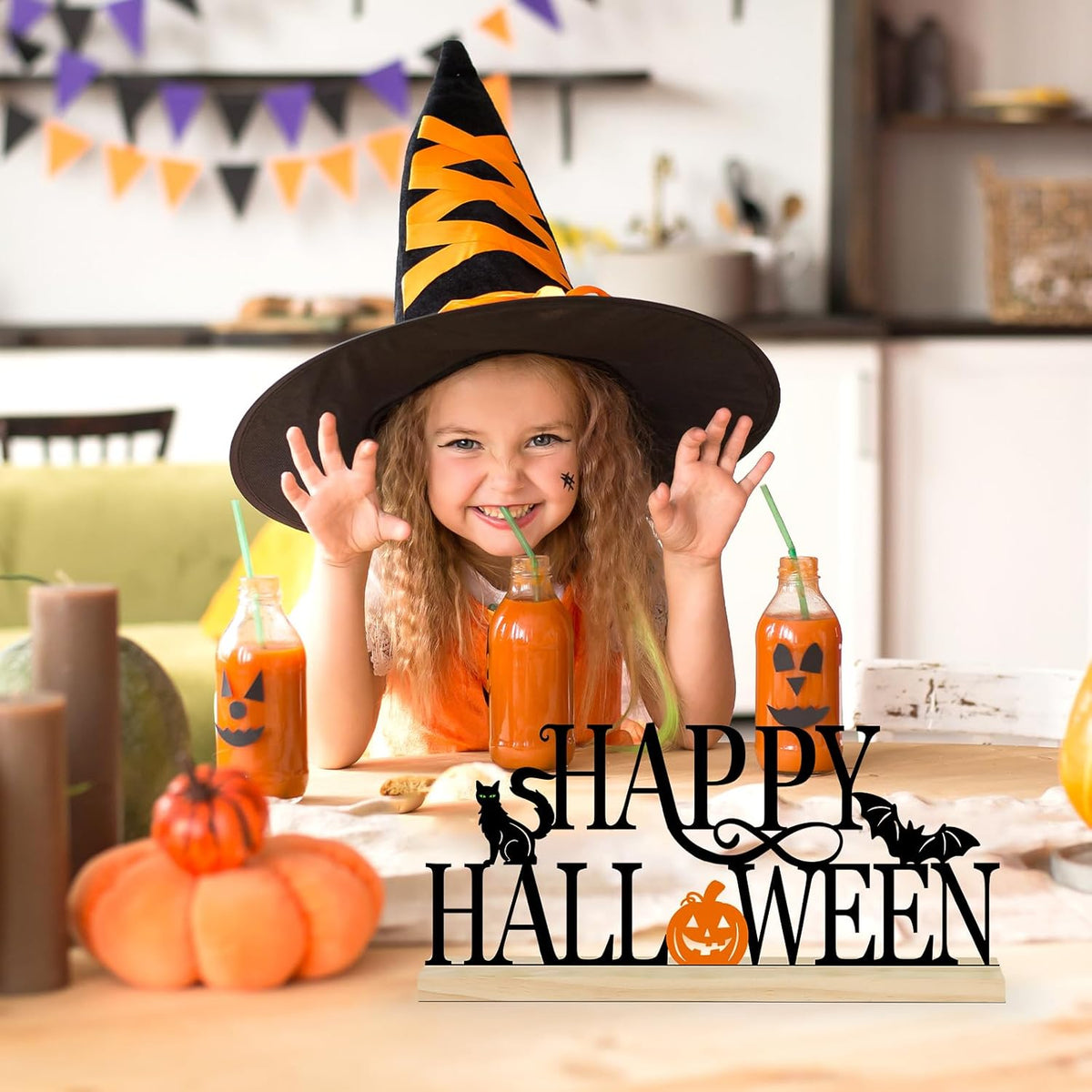 Metal Happy Halloween Sign, Black Halloween Decorations for Home, Office, Shelf, Mantel, Indoor, Jack-O-Lantern Decoration, Spooky Cat Bat Decor (Halloween)
