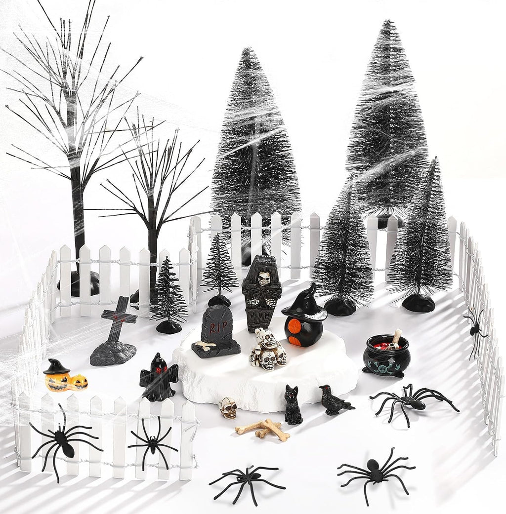 30 Pcs Halloween Village Ornaments Accessories Set, Halloween Haunted Houses Black Trees Mini Pumpkins Black Cat Crows Coffin Fake Bones Skeletons for Town Party Table Decorations