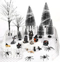 30 Pcs Halloween Village Ornaments Accessories Set, Halloween Haunted Houses Black Trees Mini Pumpkins Black Cat Crows Coffin Fake Bones Skeletons for Town Party Table Decorations
