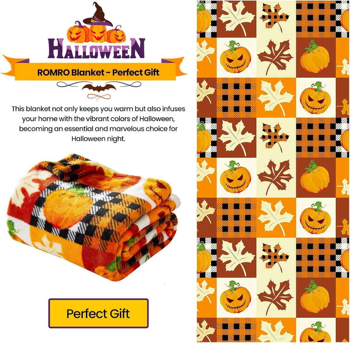 Halloween Fleece Throw Blanket, Pumpkin, Leaves Fall Plaid Blanket, Soft Fuzzy Plush for Couch Sofa or Bed, Luxury Flannel Lap Blanket, for Kids, Adults, Wife, Self (50" X 60")