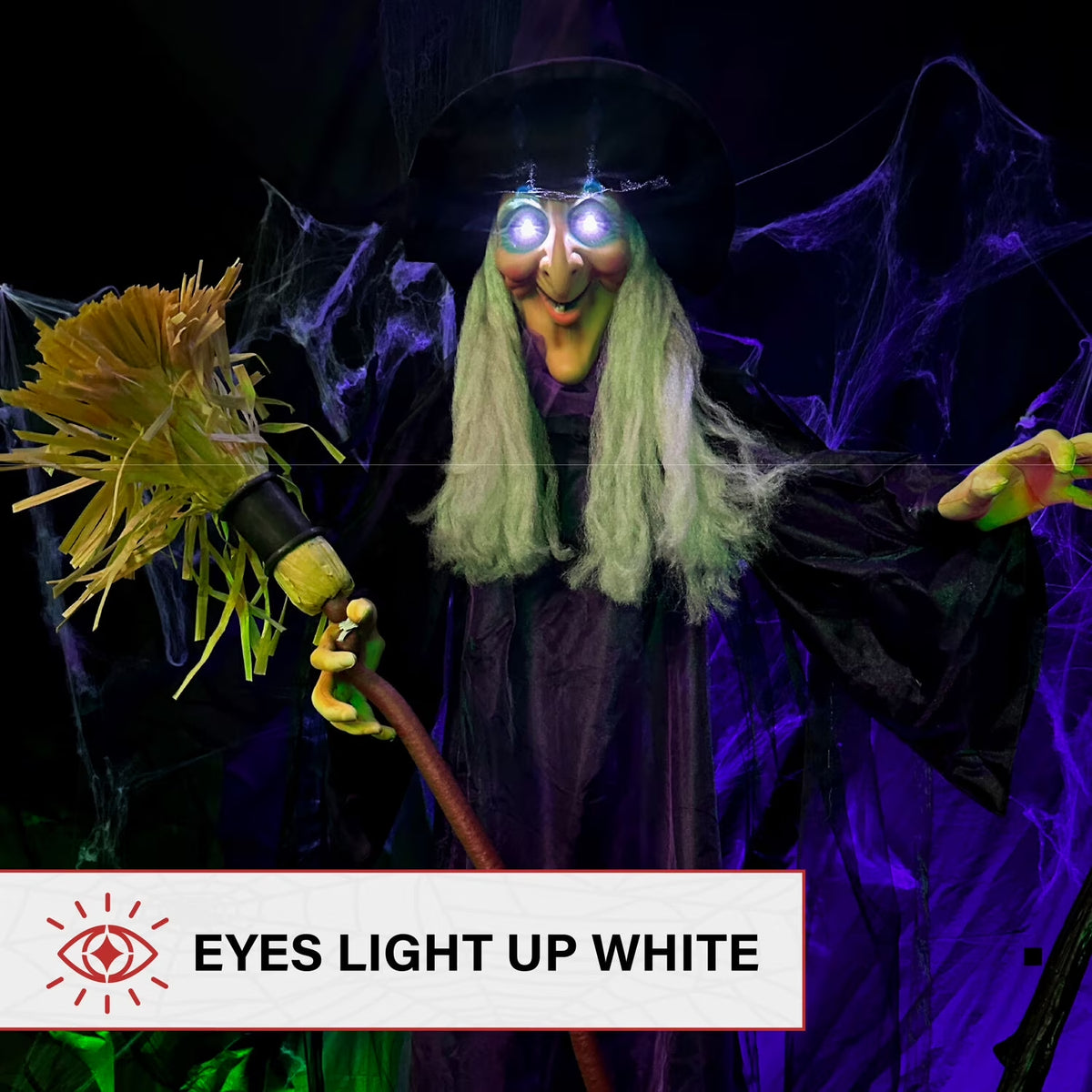 Life-Size Animated Talking Witch W/ Broomstick, 6 Ft Halloween Decoration