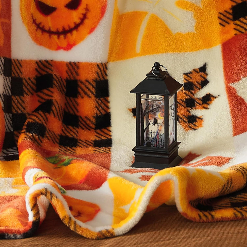 Halloween Fleece Throw Blanket, Pumpkin, Leaves Fall Plaid Blanket, Soft Fuzzy Plush for Couch Sofa or Bed, Luxury Flannel Lap Blanket, for Kids, Adults, Wife, Self (50" X 60")