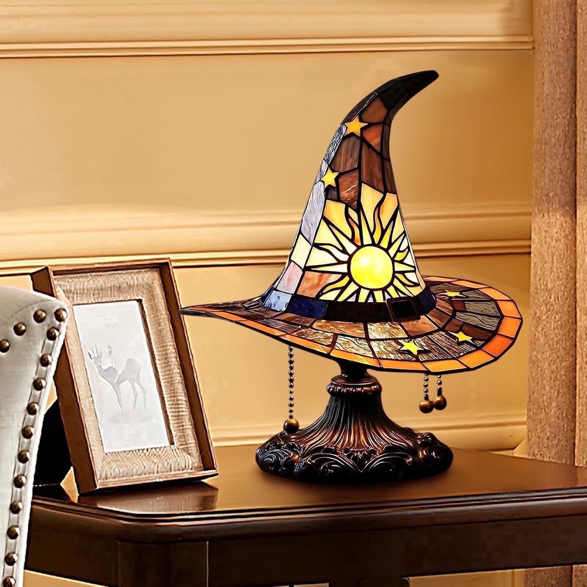 Clearance Witch Hat Lamp Halloween Decorations under 20 Gifts Stained Glass like Gothic Lamp Gothic Home Decor Accent Bedroom Bookshelf Mystical Gifts Glow Dark Figurine Ambiance