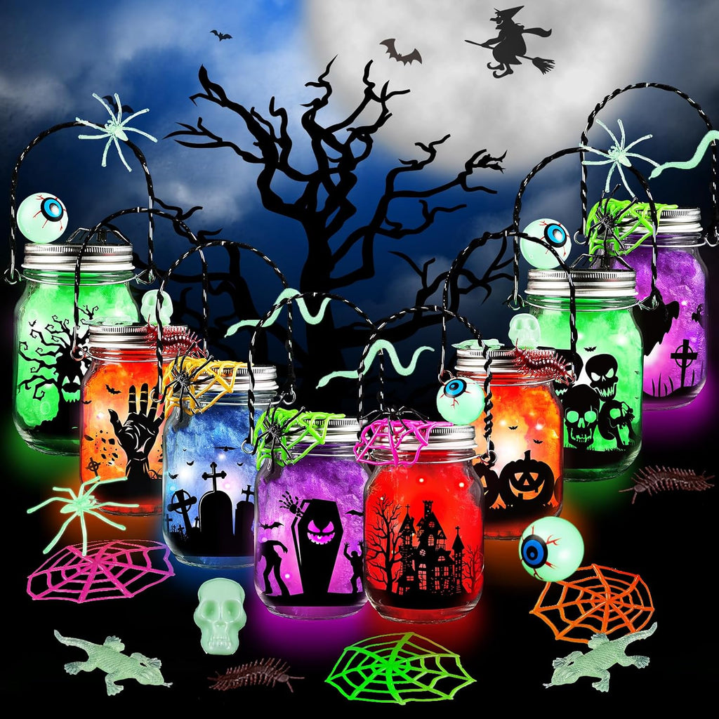 Halloween Craft Kit for Kids,8 Pcs Glass Mason Jar with Accessories for DIY Lantern Jar, Halloween Art & Craft Party Supplies, Halloween Art Activities, Crafts and Arts Party Supplies