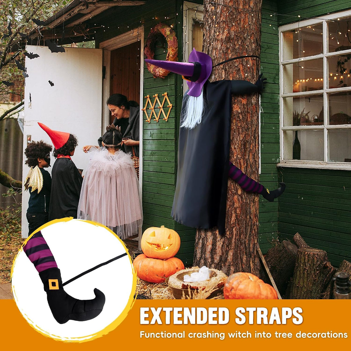 Halloween Decorations Outdoor 57" Crashing Witch into Tree Decor | Life Size Flying Witch on Broom for outside Yard Porch Door Tree Prop, Funny Halloween Witch Hitting Tree Decorations