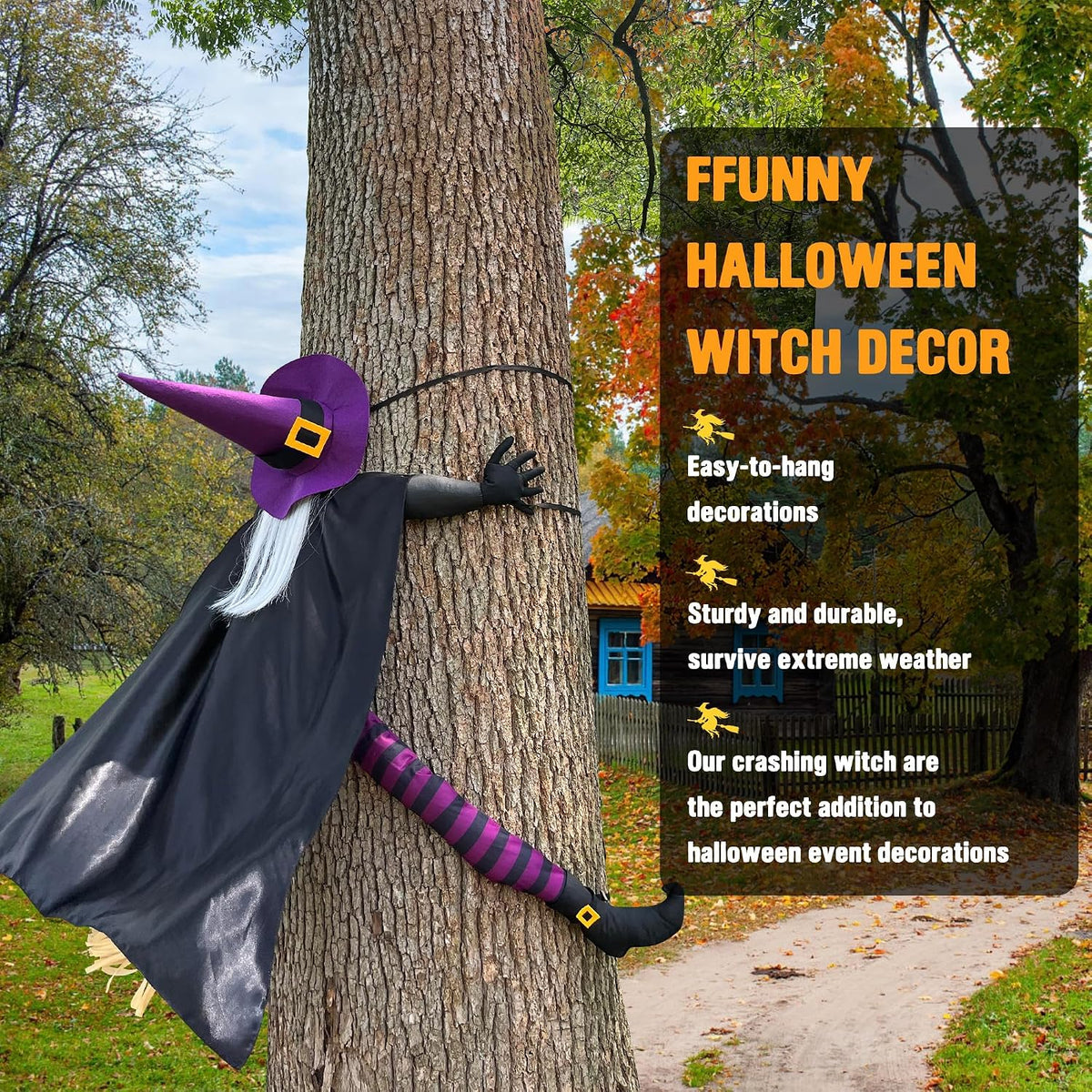 Halloween Decorations Outdoor 57" Crashing Witch into Tree Decor | Life Size Flying Witch on Broom for outside Yard Porch Door Tree Prop, Funny Halloween Witch Hitting Tree Decorations