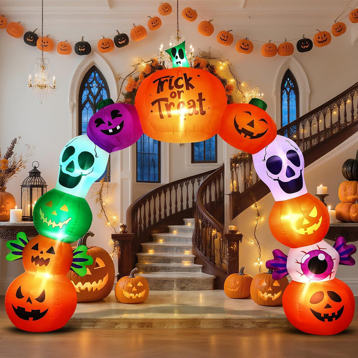 10FT Halloween Inflatable Pumpkin Skeleton Archway with LED Lights | Giant 10FT Design | Waterproof Polyester Fabric | Perfect for Outdoor Yard, Lawn & Halloween Party Decoration