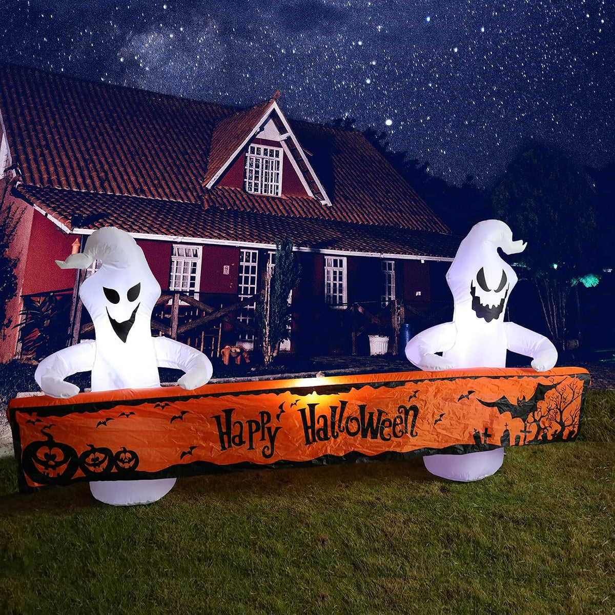 8 Ft Long Inflatable Outdoor Halloween Decoration, Inflatables Ghost with Happy Halloween Decorations Blow up with Built-In LED Lights for Yard Party Holiday Garden Decor