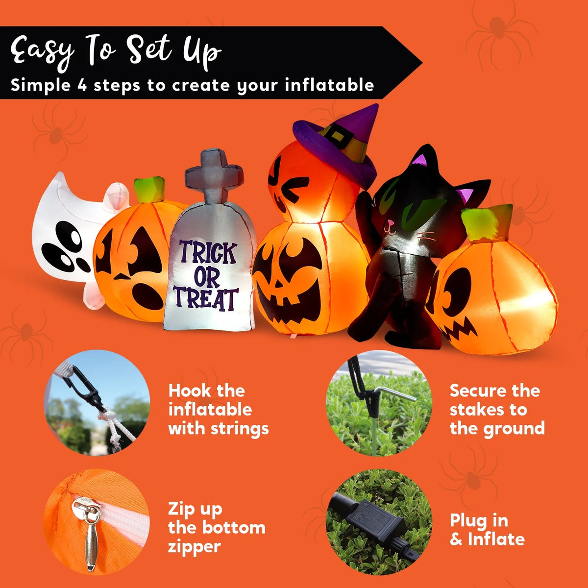 8 Ft Halloween Inflatables Characters,Long Light up Pumpkin Ghost Cat Tombstone Halloween Blow up Yard Decorations,Outdoor Halloween Decor