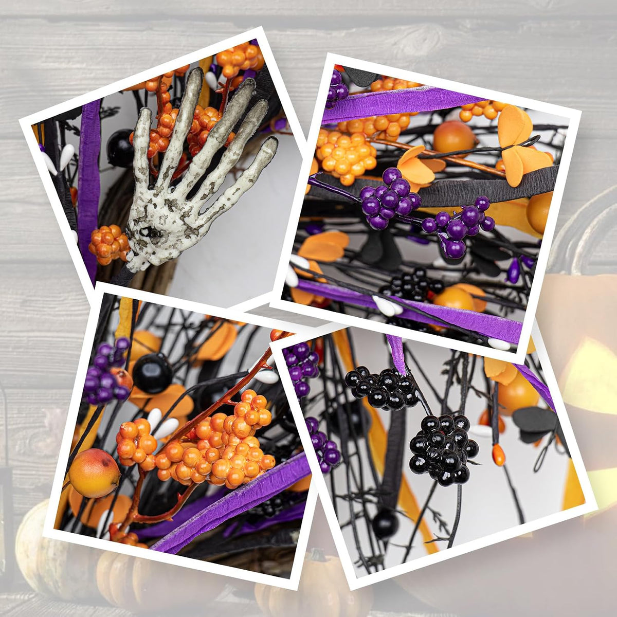 Halloween Wreaths for Front Door 22 Inch Skeleton Black Wreath Handmade Halloween Door Wreath with Purple and Orange Berries for Gothic Decorations