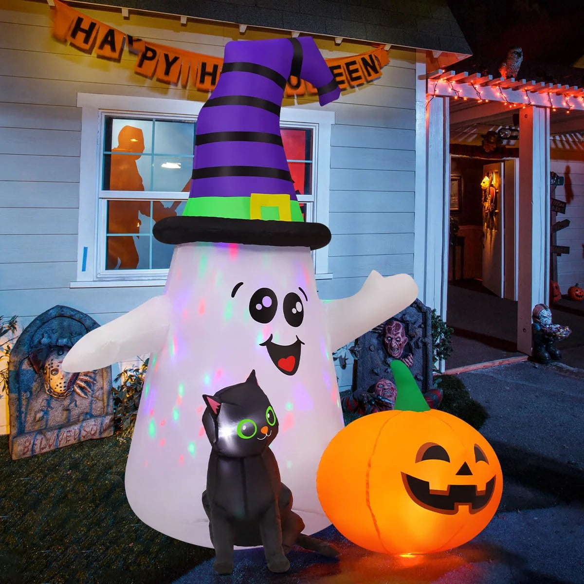 Halloween Inflatables 5 FT Halloween Ghost Inflatable with LED Lights, Cute Ghost Blow up with Wizard Hat Pumpkin Black Cat, Outdoor Halloween Decorations for Halloween Holiday Indoor Outdoor