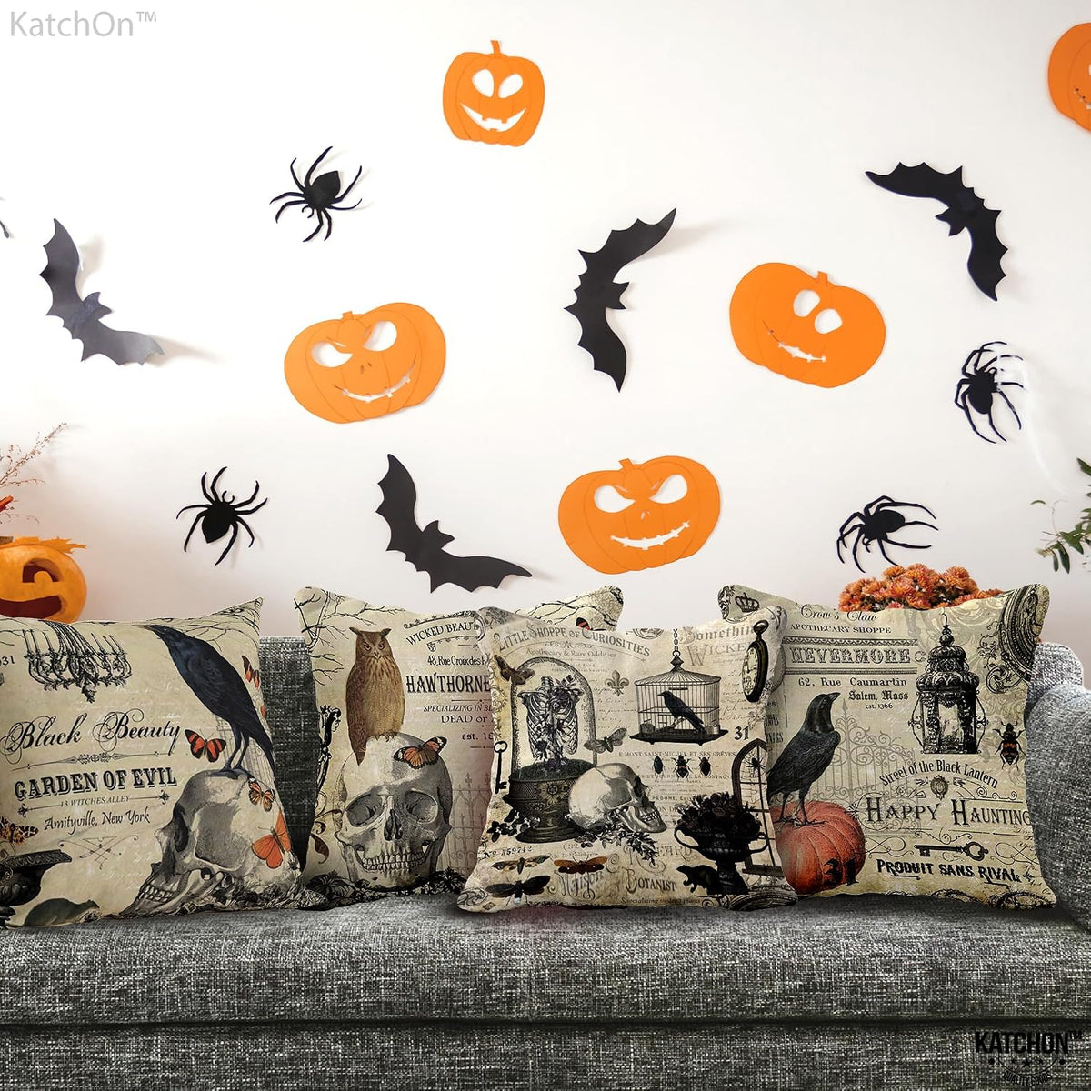 , Vintage Halloween Pillows Covers - 18X18 Inch, Pack of 4 | Skull Throw Pillow Covers | Pumpkin Cushion Covers | Halloween Decorations Indoor, Summerween Decorations Party