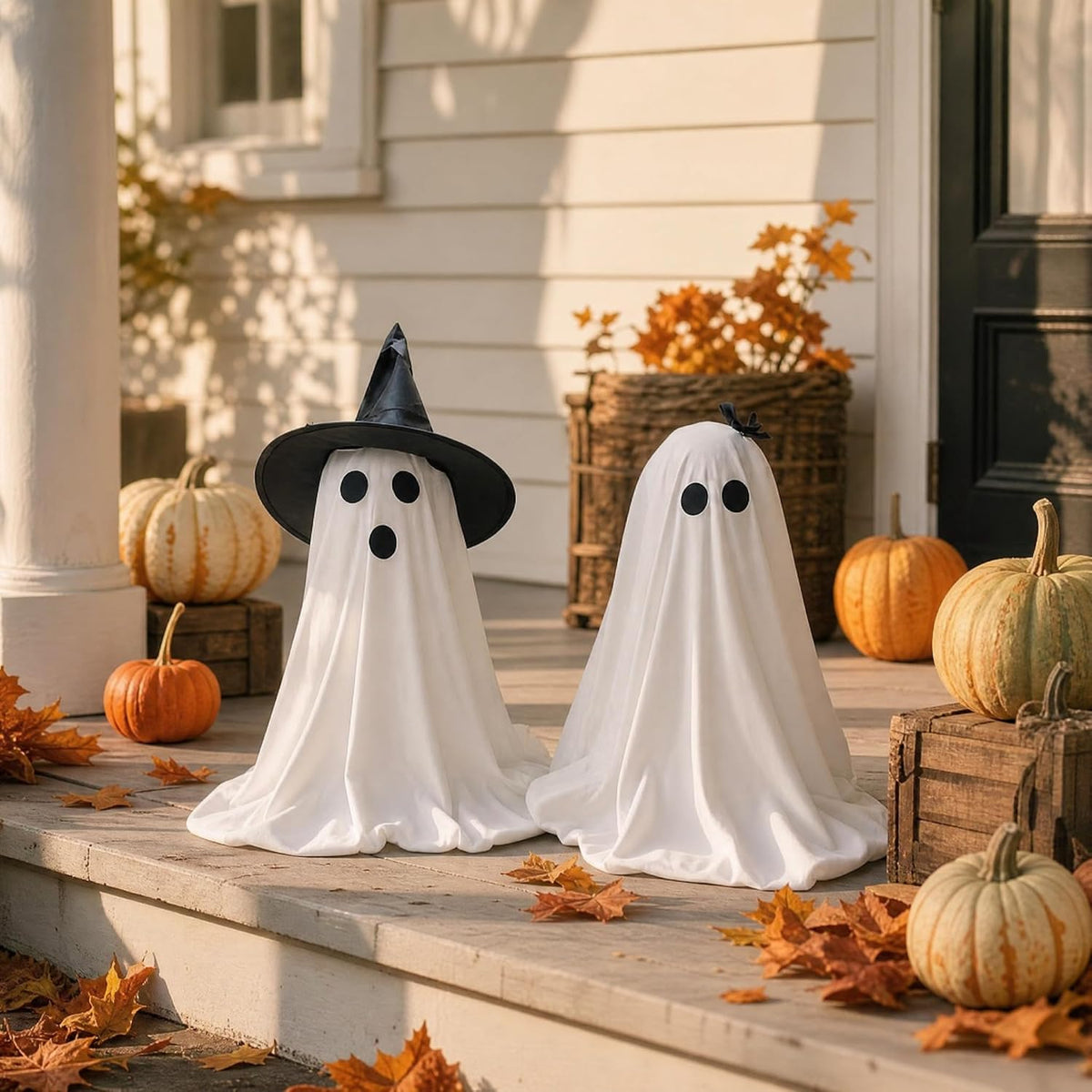2-Piece Light-Up Ghosts with Witch Hats, Indoor Ghost Decor | Halloween Party Decorations
