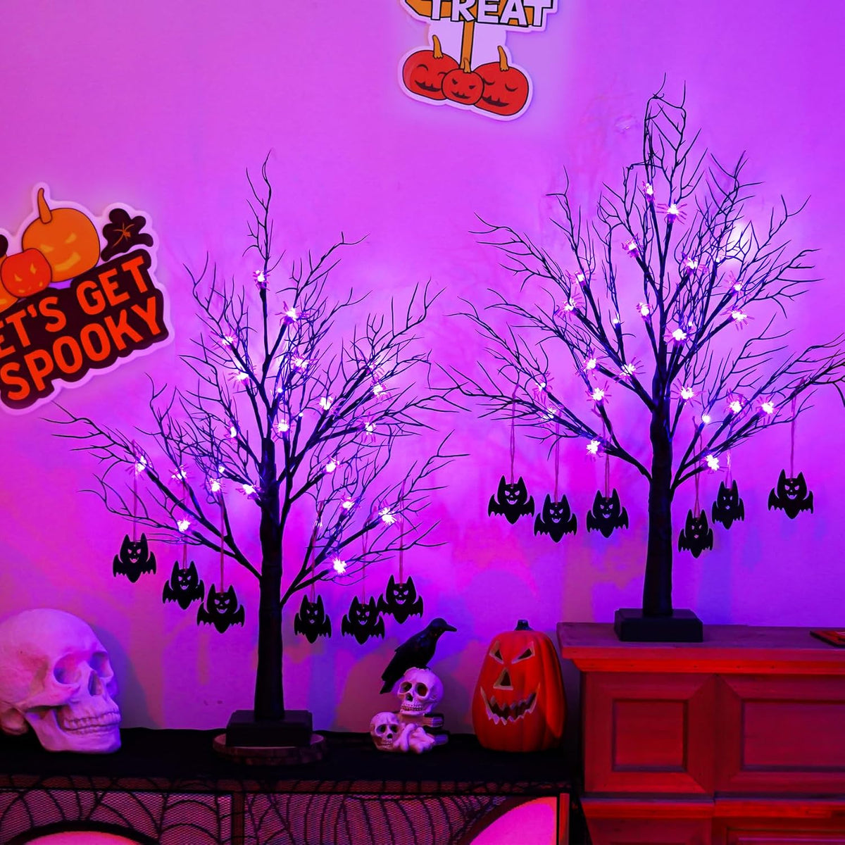 Black Halloween Spooky Trees - 2 Pack 2FT Halloween LED Light up Tree with 40 Spiders 12 Bats, Auto Timer, Battery/Usb Powered, Bendable Branches for Tabletop Indoor Outdoor Decor