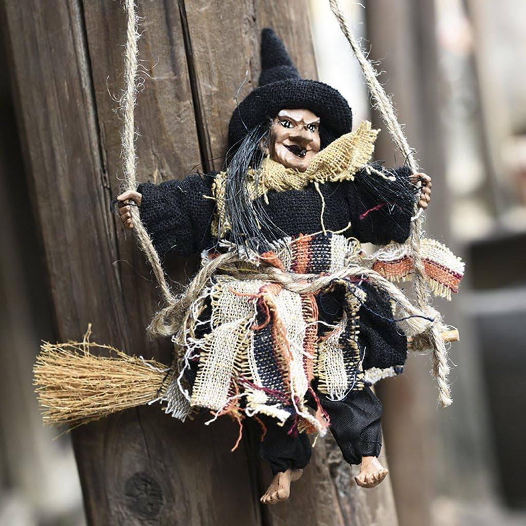 Hanging Animated Witch on Broomstick Halloween Decoration Dolls Pendant Haunted House Decorate Props KTV Bar Restaurant Door Indoor Outdoor Decor Hanged Wizard Welcome Figure