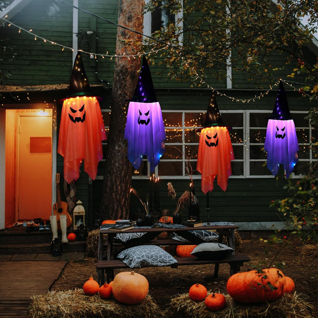 Halloween Decoration 2 Pcs Large Halloween Lighted Glowing Ghost Witch Hats, Hanging Ghost Ornaments for Indoor Outdoor Home, Garden, Tree, Yard Party Decor