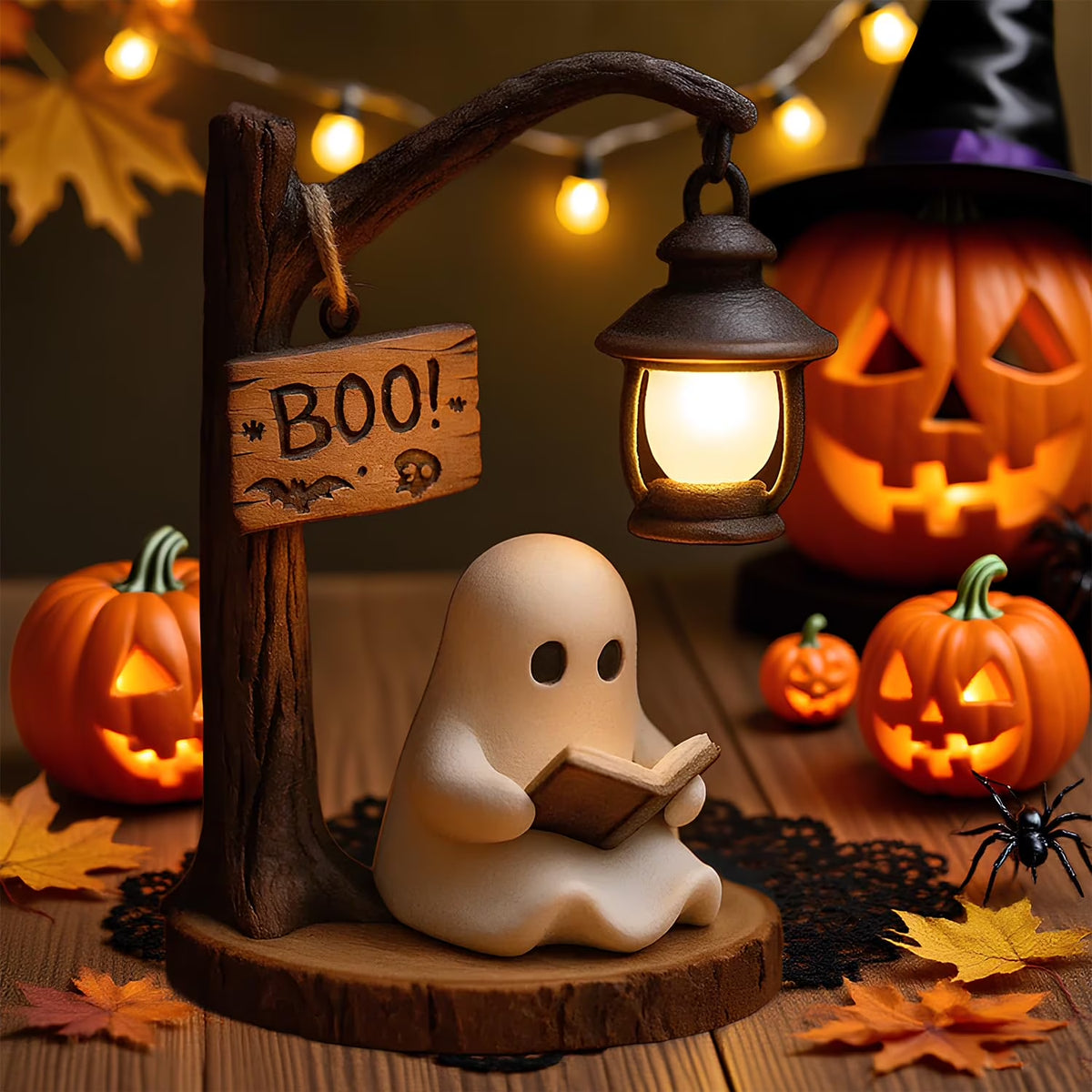 Ghost Reading Book Lamp, Cute Ghost Reading Lantern, 3D Resin Halloween Ghost Night Light Ghost Warm Light Indoor Decor Lamp Glowing Halloween Ghost Decorations for Bedroom Living Room