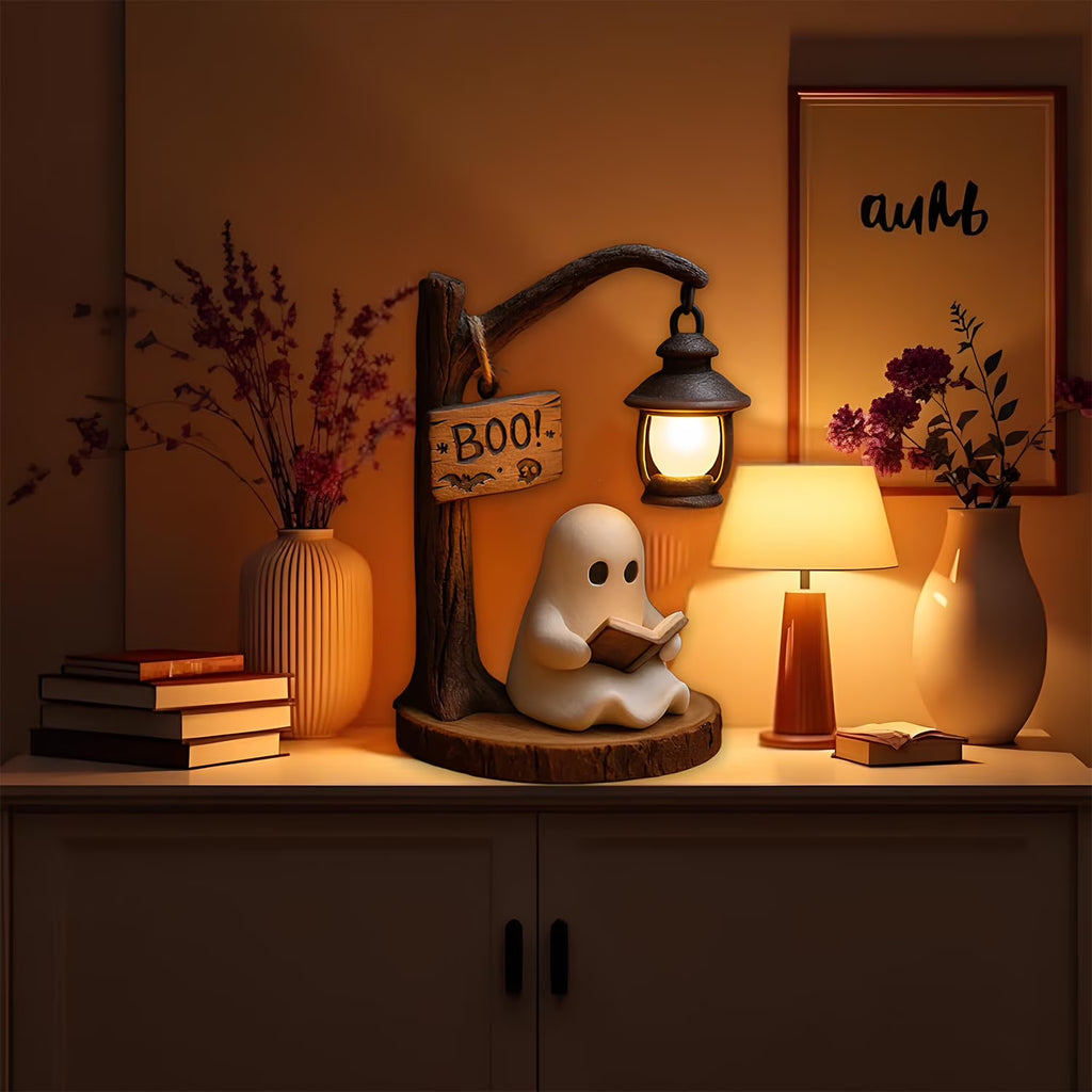 Ghost Reading Book Lamp, Cute Ghost Reading Lantern, 3D Resin Halloween Ghost Night Light Ghost Warm Light Indoor Decor Lamp Glowing Halloween Ghost Decorations for Bedroom Living Room