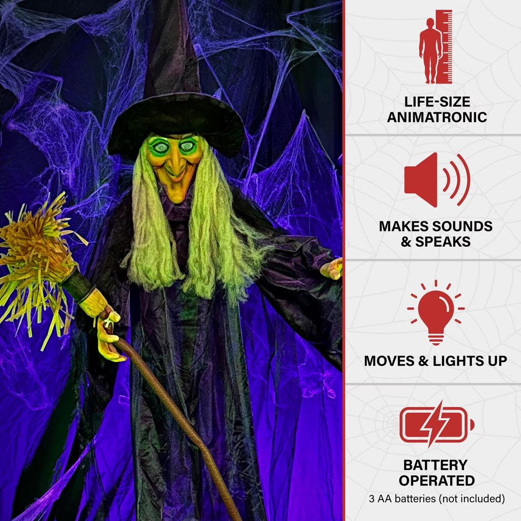 Life-Size Animated Talking Witch W/ Broomstick, 6 Ft Halloween Decoration