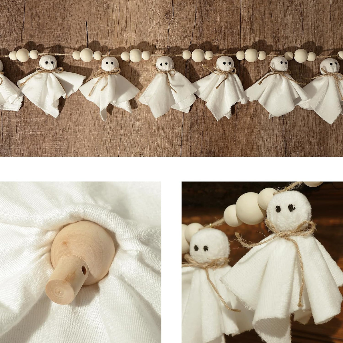 Ghost Halloween Banner: 1Pc White Ghost Halloween Party Banner with Wood Beads, Cute Ghosts Halloween Garland Halloween Banner Decorations for Home Wall Mantel Doorways Front Decor