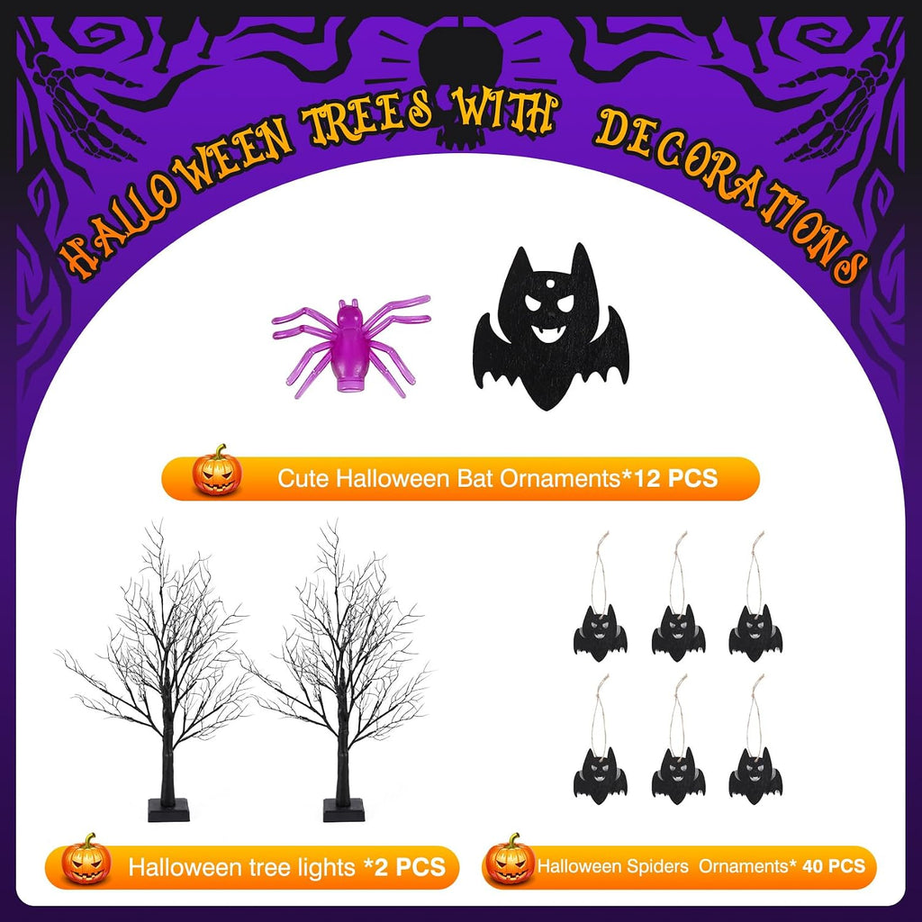 Black Halloween Spooky Trees - 2 Pack 2FT Halloween LED Light up Tree with 40 Spiders 12 Bats, Auto Timer, Battery/Usb Powered, Bendable Branches for Tabletop Indoor Outdoor Decor