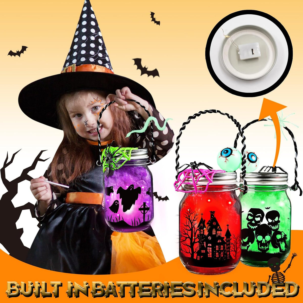 Halloween Craft Kit for Kids,8 Pcs Glass Mason Jar with Accessories for DIY Lantern Jar, Halloween Art & Craft Party Supplies, Halloween Art Activities, Crafts and Arts Party Supplies