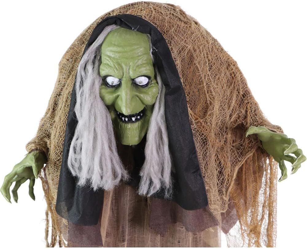 Talking Hunchback Witch, Halloween Animatronic with Movement and Lights for Battery Operated Scary Indoor or Covered Outdoor Halloween Decorations, Creepy Halloween Prop