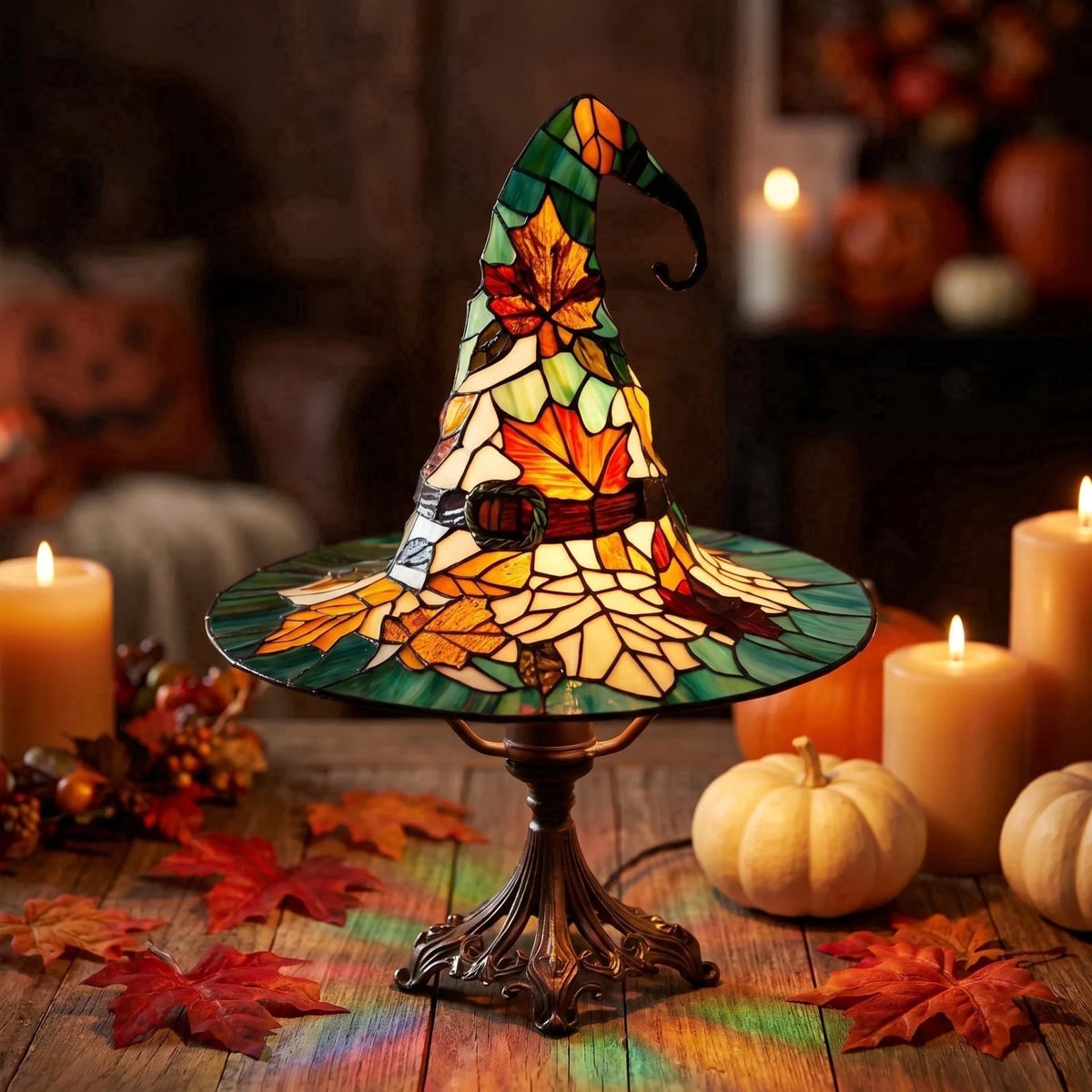 Clearance Witch Hat Lamp Halloween Decorations under 20 Gifts Stained Glass like Gothic Lamp Gothic Home Decor Accent Bedroom Bookshelf Mystical Gifts Glow Dark Figurine Ambiance