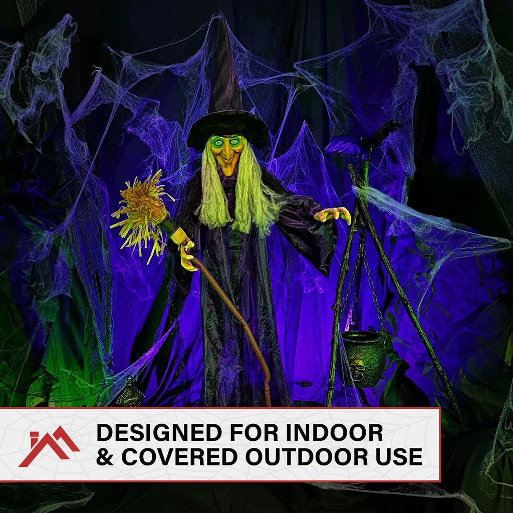 Life-Size Animated Talking Witch W/ Broomstick, 6 Ft Halloween Decoration
