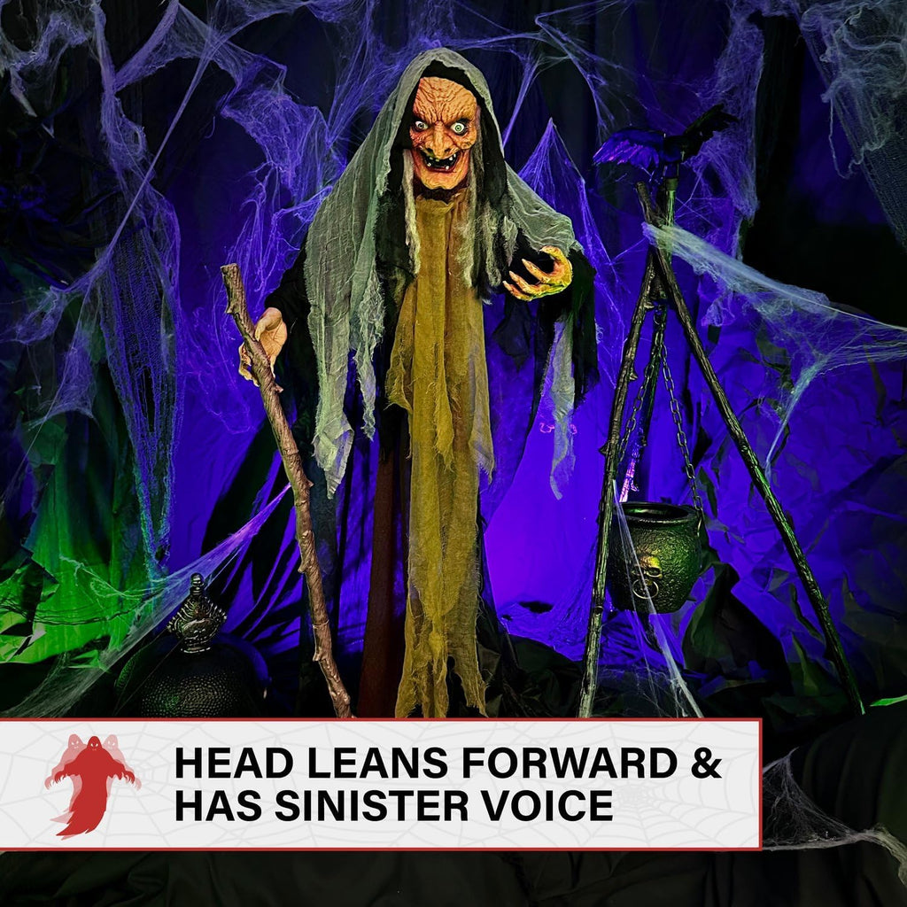 Life-Size Scary Poseable Talking Witch, Halloween Animatronic with Touch Activated Lights and Sound, Battery Operated Indoor or Covered Outdoor Halloween Decorations, Halloween Prop