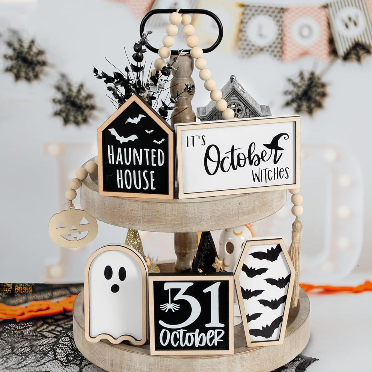 Halloween Decorations | 6PCS Halloween Tiered Tray Decor | Bat Coffin, Haunted House, Ghost, Witches, October 31 Sign, Bead Garland | Halloween Decor | Halloween Centerpiece for Table Shelf