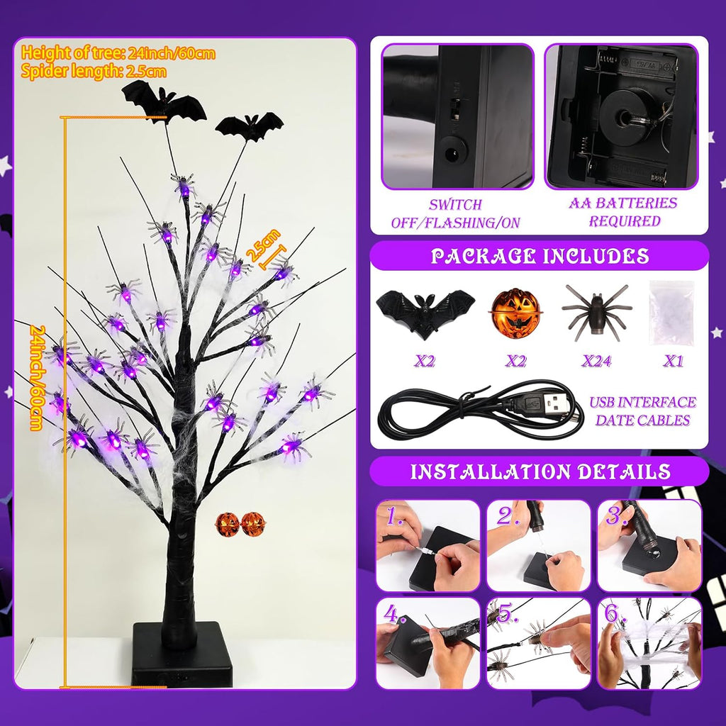 Halloween Decorations Indoor Spider Lights Tree, 2Ft Black Spooky Tree with Spider,Web,Bat and Pumpkin Bell Halloween Tree Decorations,Battery and USB Halloween Black Tree for Home Mantel Party Decor