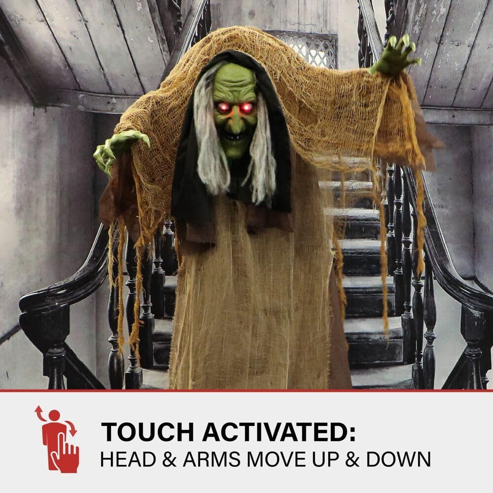 Talking Hunchback Witch, Halloween Animatronic with Movement and Lights for Battery Operated Scary Indoor or Covered Outdoor Halloween Decorations, Creepy Halloween Prop