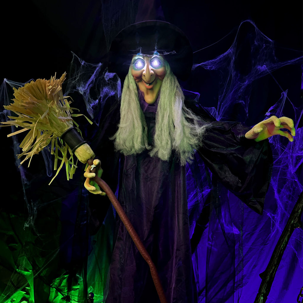 Life-Size Animated Talking Witch W/ Broomstick, 6 Ft Halloween Decoration