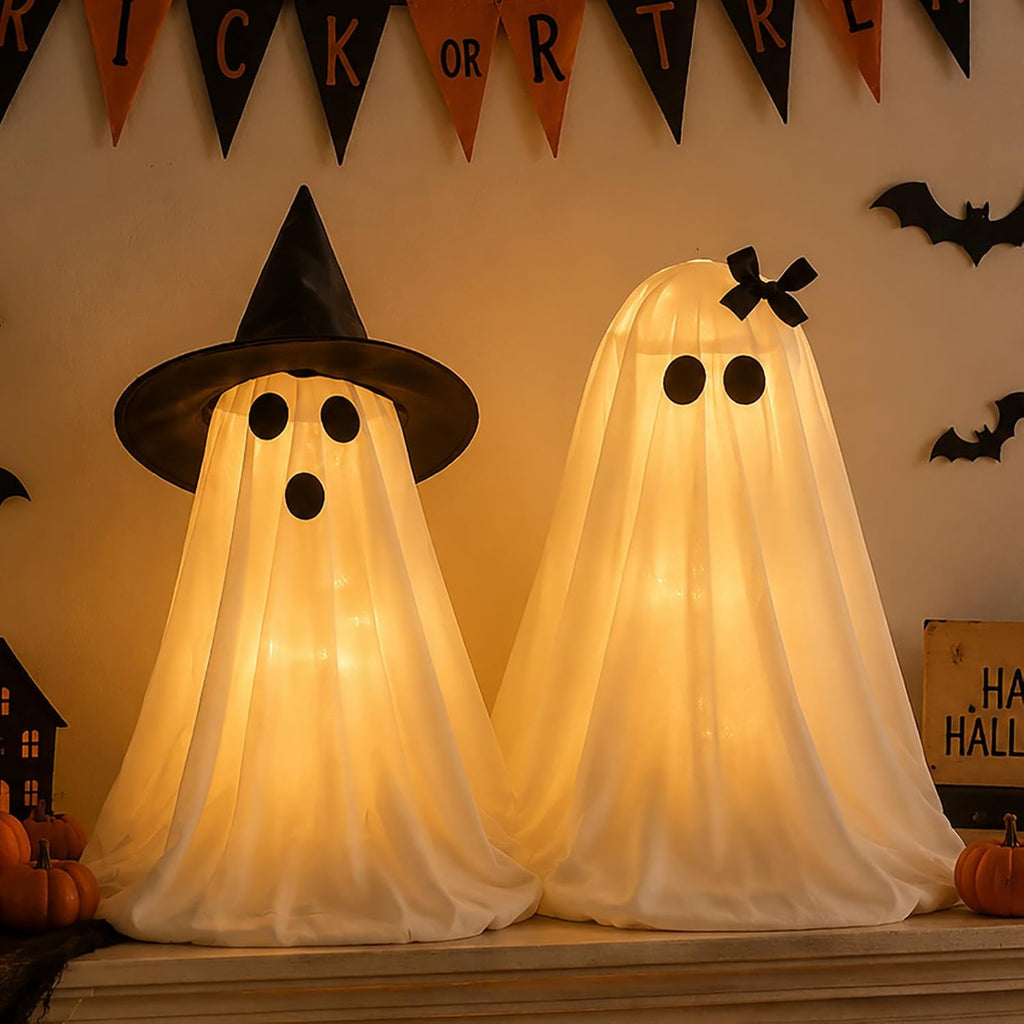 2-Piece Light-Up Ghosts with Witch Hats, Indoor Ghost Decor | Halloween Party Decorations