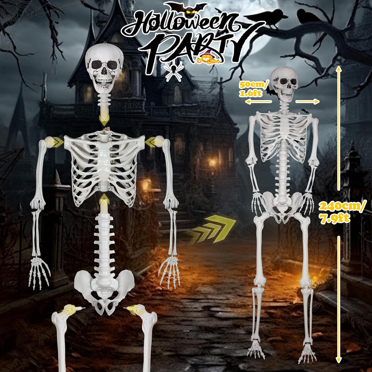 Halloween Giant Skeleton, Large Realistic Full Body Skeleton with Movable Joints for Halloween Party Haunted House Indoor Outdoor Decoration (7.8Ft-1P)