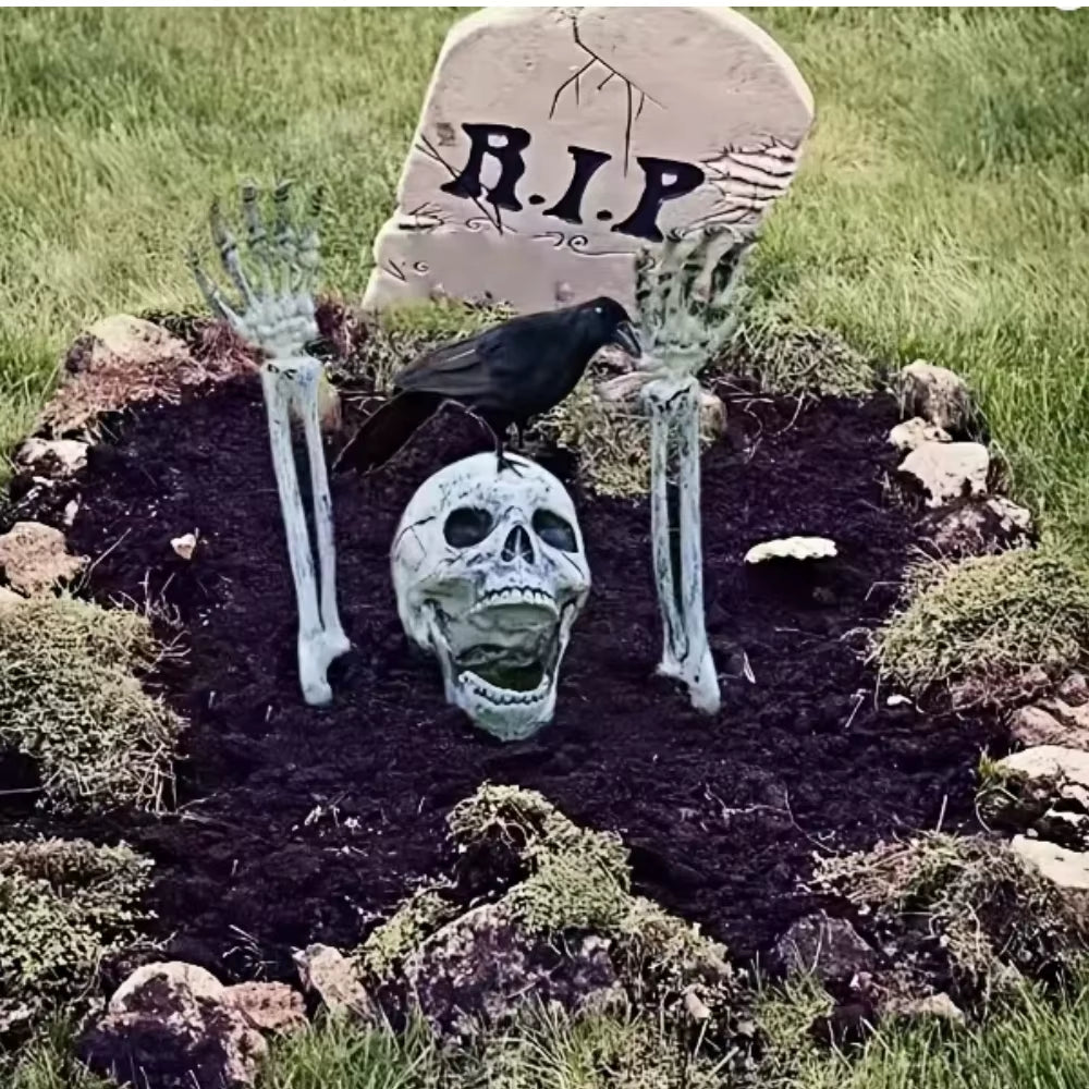 Halloween Decoration Realistic Skeleton Stakes Halloween Realistic Skull Skeleton Head Human Hand Arm for Halloween Party Garden