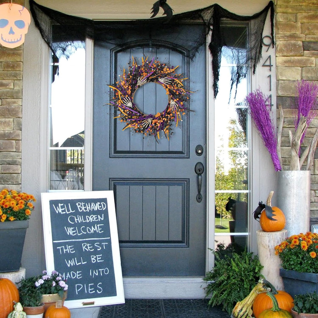 Halloween Wreaths for Front Door 22 Inch Skeleton Black Wreath Handmade Halloween Door Wreath with Purple and Orange Berries for Gothic Decorations
