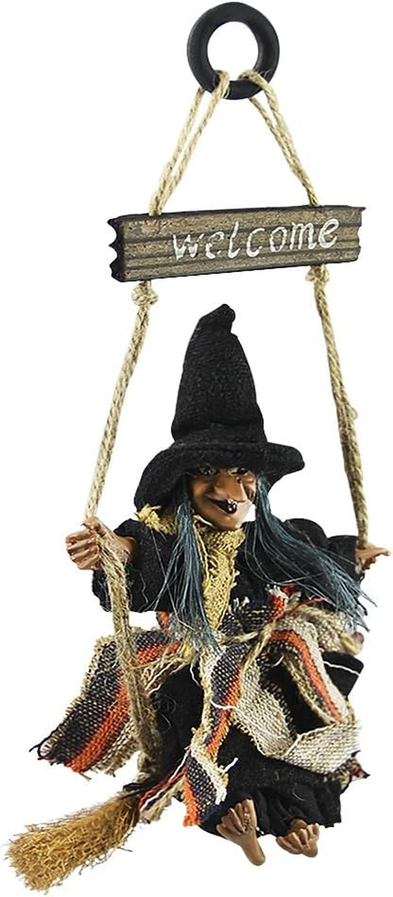 Hanging Animated Witch on Broomstick Halloween Decoration Dolls Pendant Haunted House Decorate Props KTV Bar Restaurant Door Indoor Outdoor Decor Hanged Wizard Welcome Figure