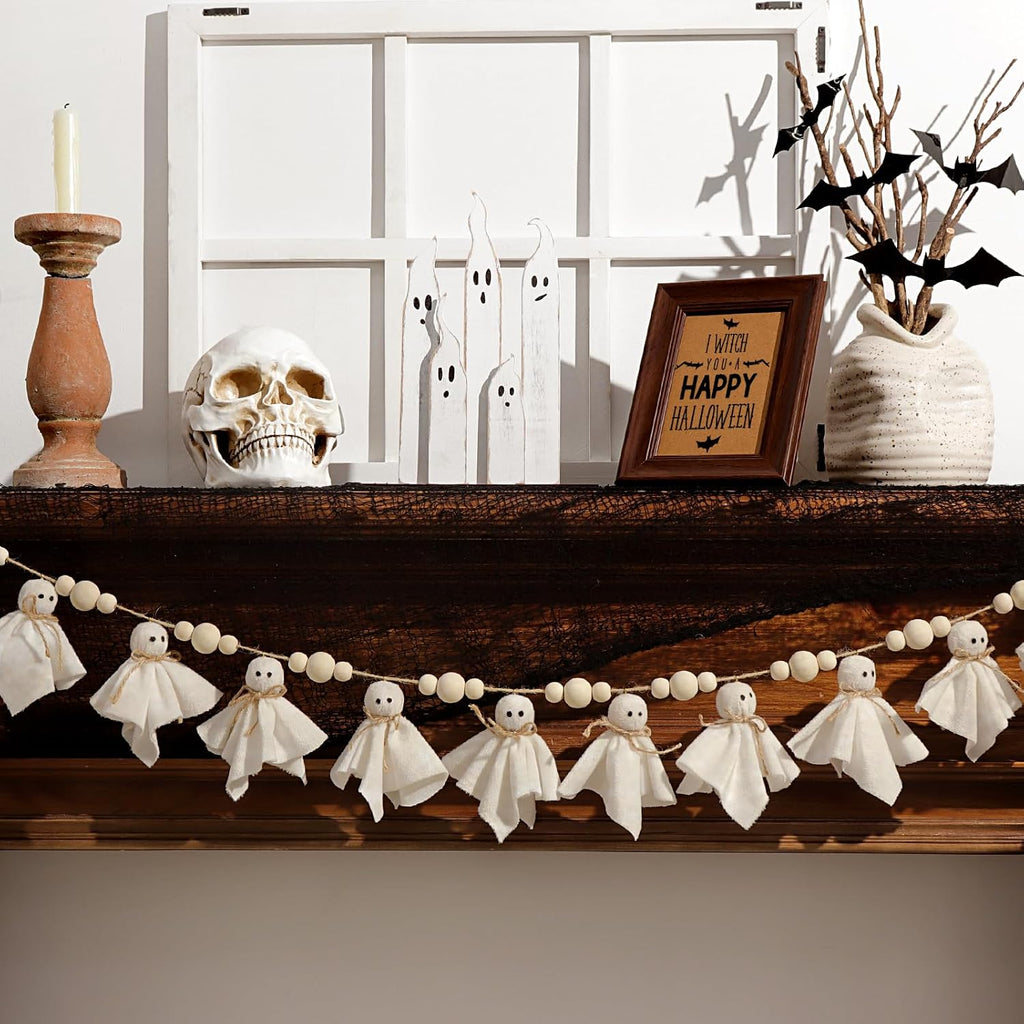 Ghost Halloween Banner: 1Pc White Ghost Halloween Party Banner with Wood Beads, Cute Ghosts Halloween Garland Halloween Banner Decorations for Home Wall Mantel Doorways Front Decor